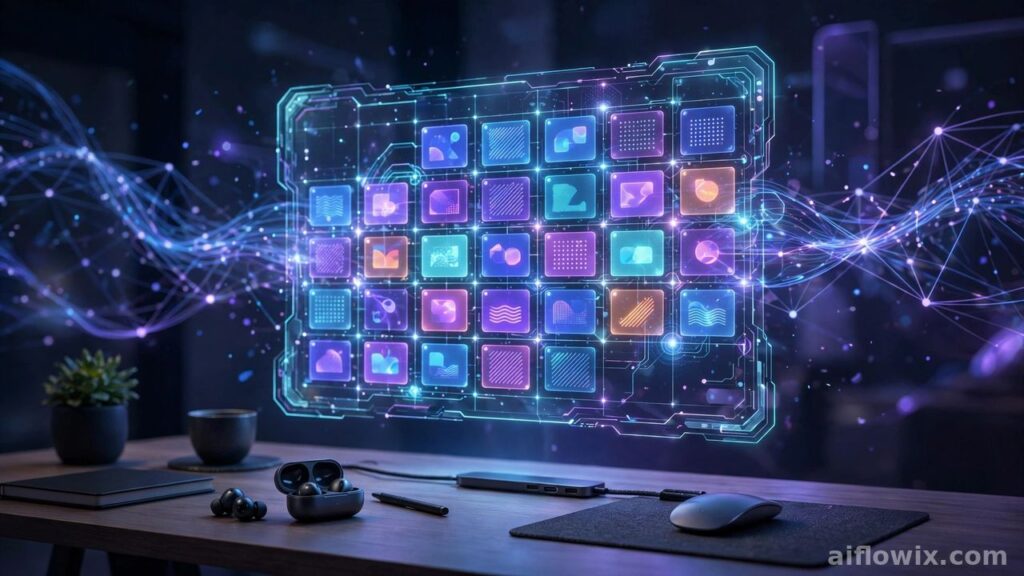 Glowing holographic social media content calendar dashboard with colorful post tiles organized by AI, floating above a modern desk
