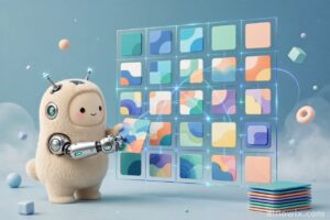 Friendly robot assistant arranging colorful content cards on a glowing calendar grid while building an AI social media content calendar
