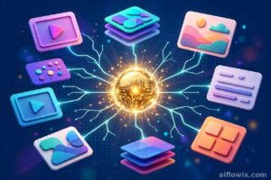 A glowing idea orb branching into multiple social media post formats, showing how one idea fills a social media content calendar