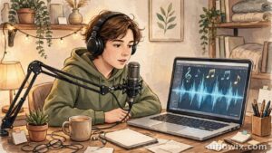 Creator recording AI voiceover with Suno Speech beta
