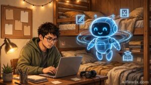 Student freelancer using a laptop with a friendly AI assistant hologram after the Super Intelligence Force announcement