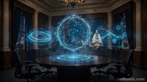 Super Intelligence Force leaders meeting room with holographic AI dashboards