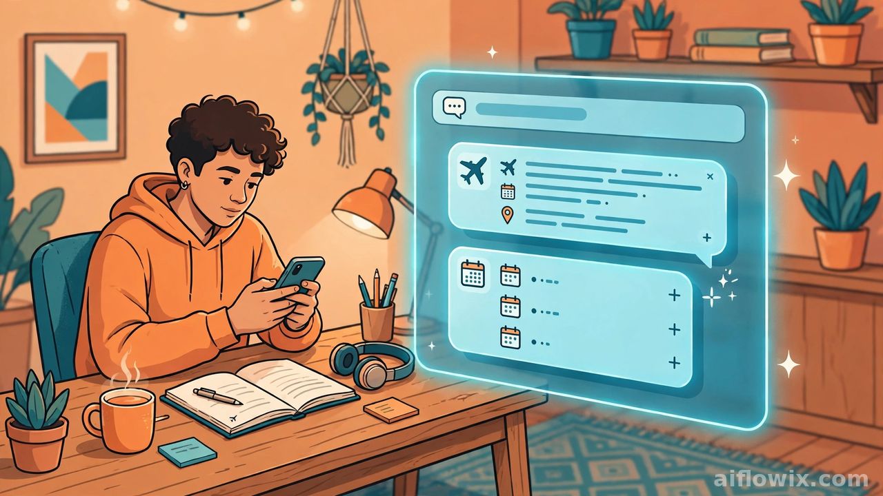 Freelancer texting the Tab AI assistant on a phone while it books travel and adds calendar entries automatically