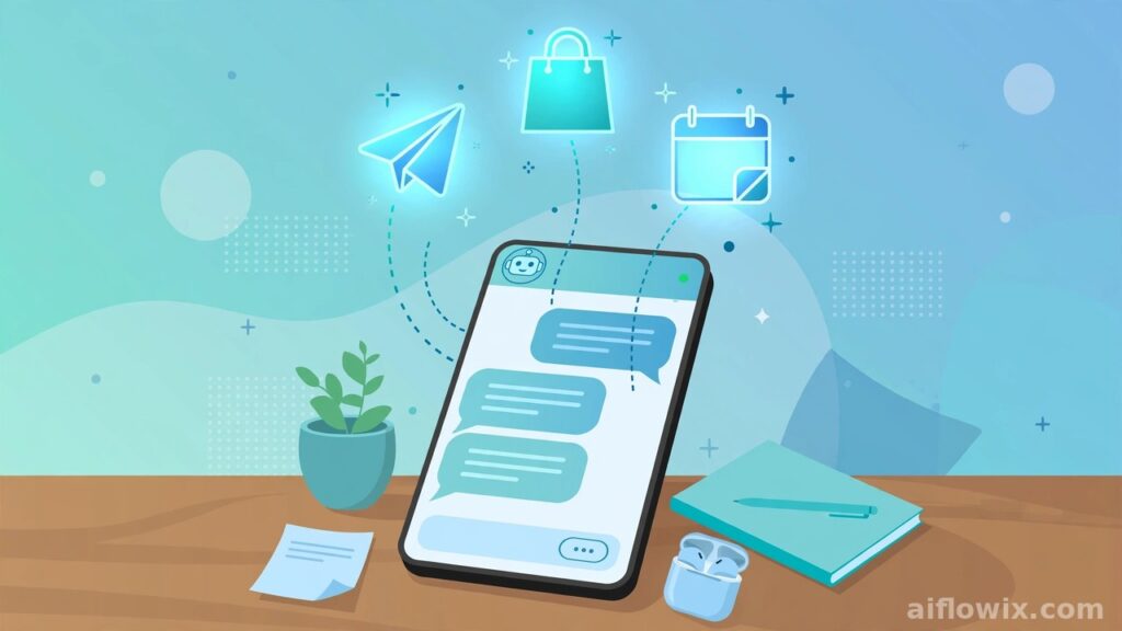 Illustration of the Tab AI assistant answering texts on a smartphone while booking a flight and ordering groceries in the background