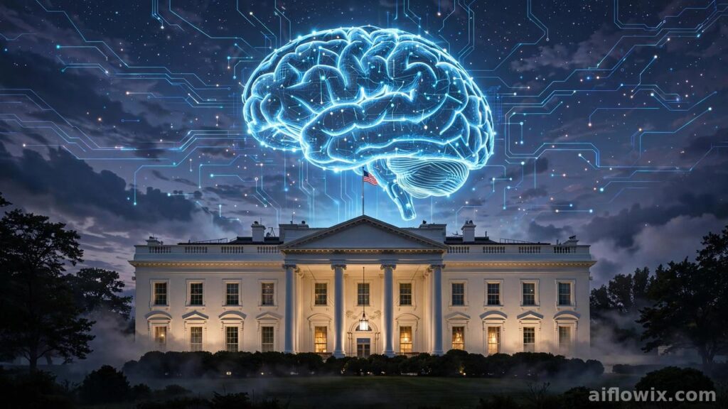 Trump announces the Super Intelligence Force: White House with glowing AI brain hologram above it
