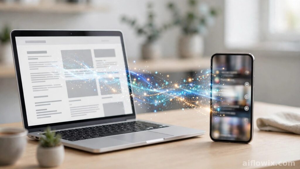 Blog post on a laptop transforming into a YouTube Short on a phone — how to turn blog posts into YouTube Shorts with AI
