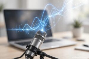 Studio microphone with glowing audio waveform — creating an AI voiceover to turn blog posts into YouTube Shorts