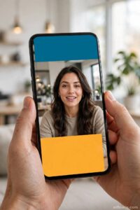 Hands holding a vertical phone with caption bars on a short video — adding captions to turn blog posts into YouTube Shorts